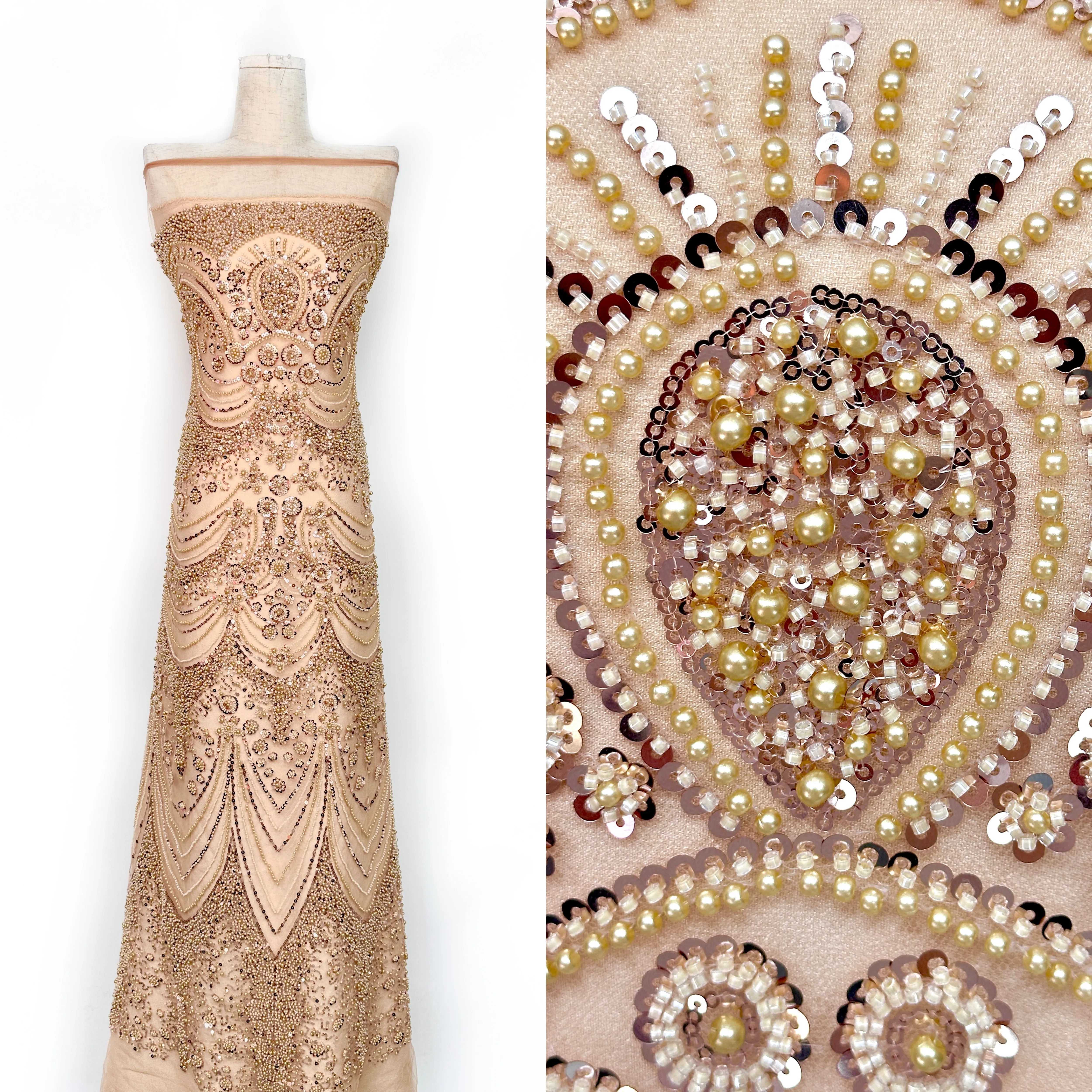 

High Quality Heavy Sequins European Beads French Tulle Beads and Sequins Mesh Lace Fabric Nigerian Embroidery for Wedding Sewing