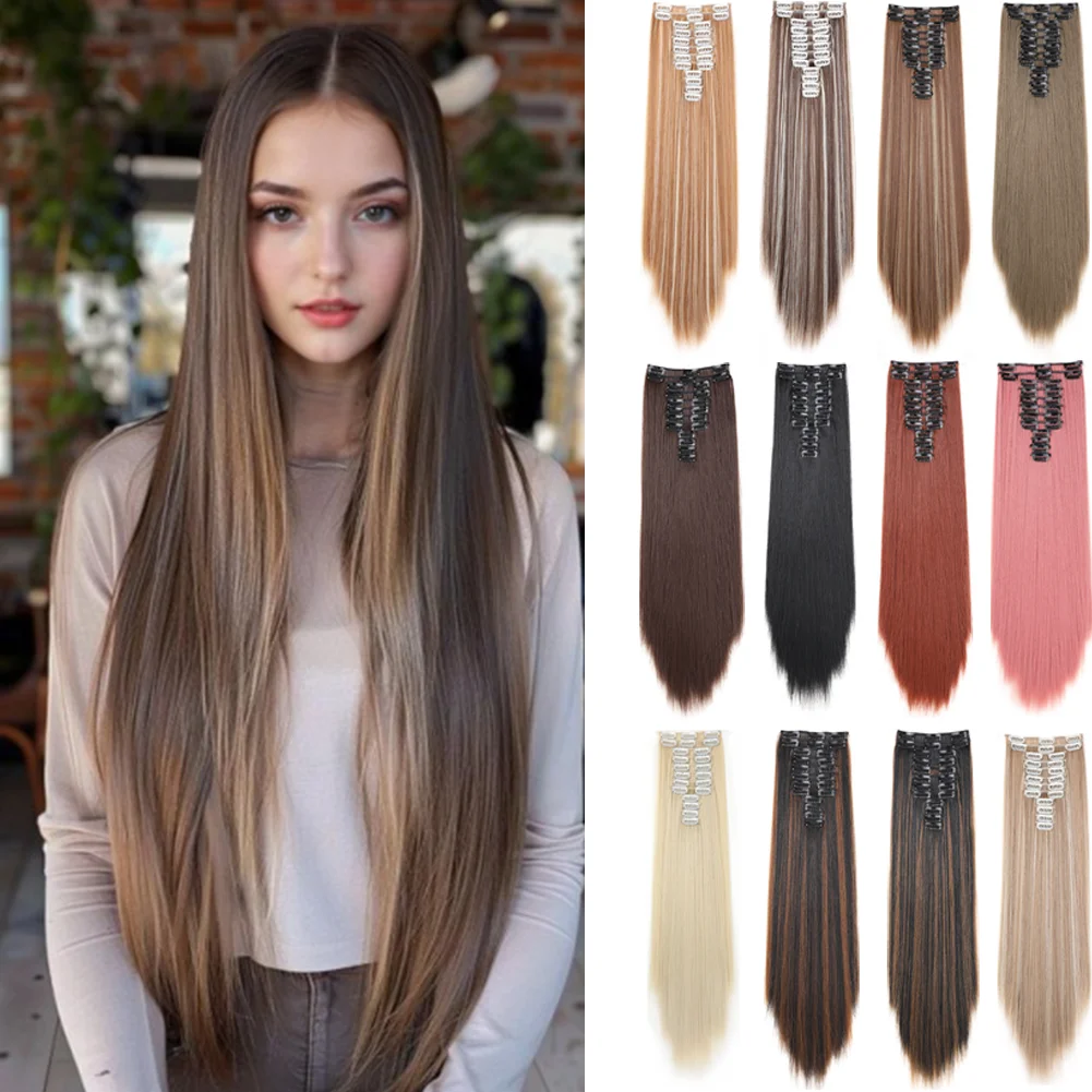 12pcs/set Clip in Hair Extensions  Long Straight Hairstyle 22 Clips Synthetic Hairpieces for Women