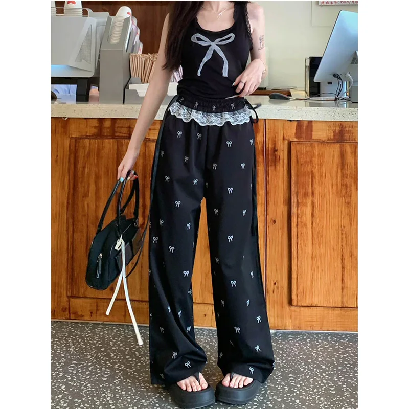 Trend Bow Elastic Waist Trousers Spring Summer New Casual Korean Sweet Patchwork Lace High Waist Wide Leg Pants Women Clothes