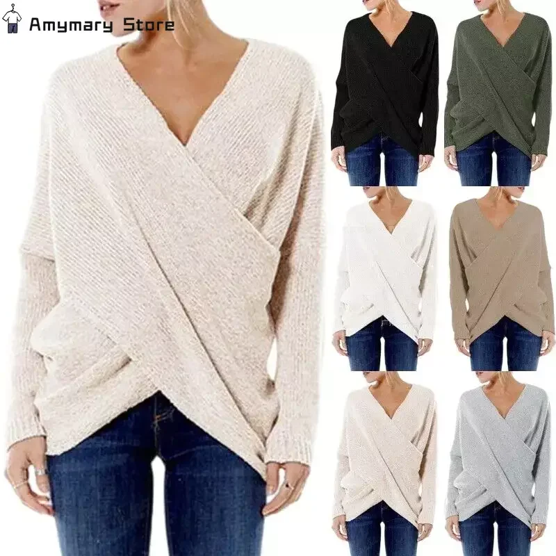 

New Women's Pullover Top Fashion V Neck Inclined Irregular Hem Sweater Soft Loose Long Sleeve Knitwear Solid Color Ladies Jumper