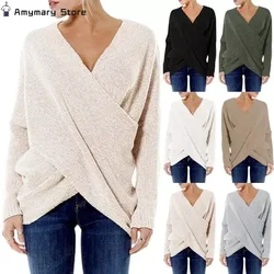 New Women's Pullover Top Fashion V Neck Inclined Irregular Hem Sweater Soft Loose Long Sleeve Knitwear Solid Color Ladies Jumper