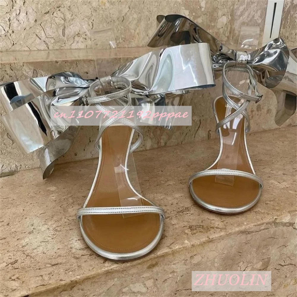 

Summer New Silver Bow Wedding Shoes Round Toe Stiletto Cross Strap Sandals Sexy Nightclub Fashion Women'S Shoes Zapatos Mujer