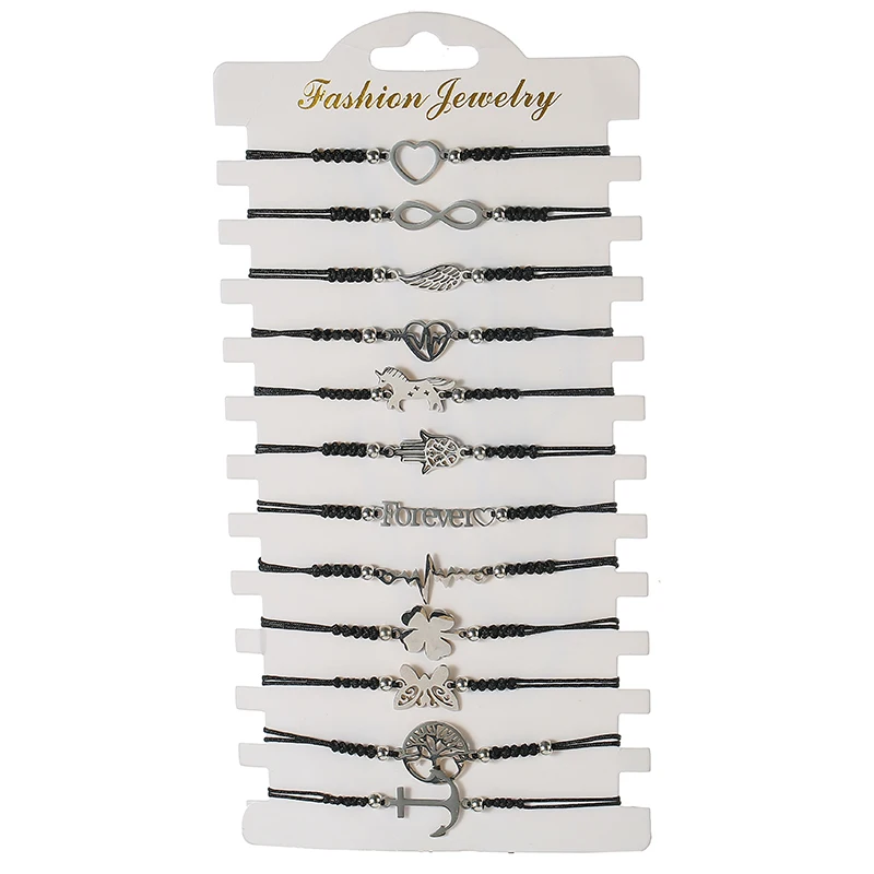 YEYULIN-Ensemble de bracelets tressés réglables pour femme, breloques en forme de cœur, main de Fatima Nairobi Orn, chaîne noire, bijoux de bracelet, 12 pièces par ensemble