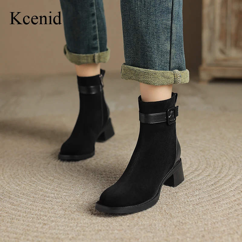 

Kcenid 2024 Women Cow Suede Leather Ankle Boots Winter Round Toe Party Shoes Woman Square Heel Chelsea Boots Sexy Square Button