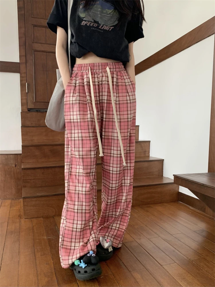 Summer Pink Plaid Wide Legged Pants Women 2024 Korean High Waist Elastic Drawstring Loose Slimming Casual Floor Slam Trouser