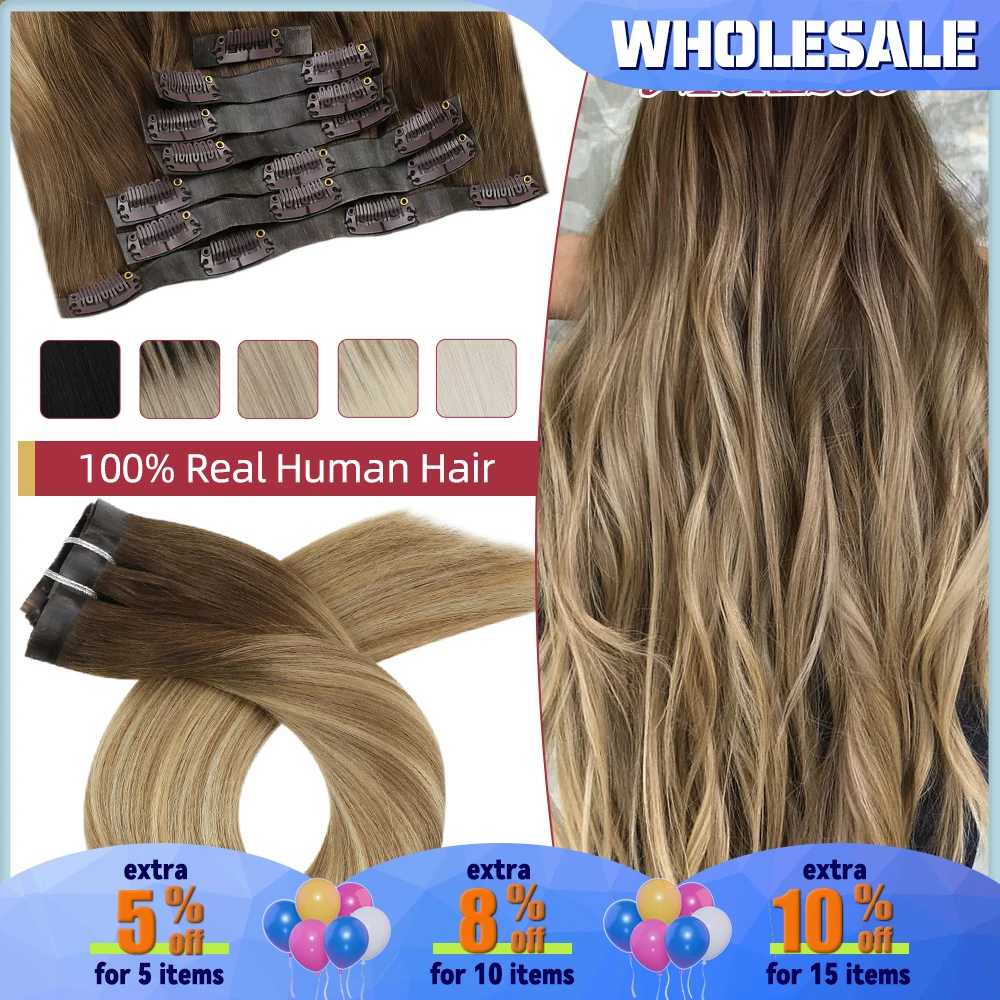 

Moresoo PU Clip in Extensions Real Human Hair Straight Seamless Invisible 7pcs Balayage Ombre #3/8/22 Machine Remy Hair Natural