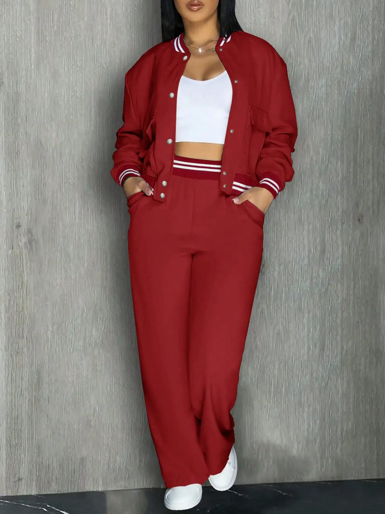 

Women's Solid Red Baseball Jacket & Pants Set with Pockets, Casual Sporty Outfit for Outdoor Wear