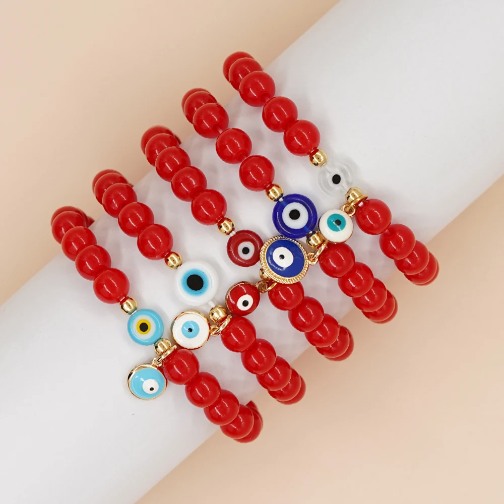 Go2Boho Lucky Friendship Bracelet Evil Eye Turkish Red Ball Beaded Jewelry for Women Men Vintage Stretch Bracelets Handmade Gift