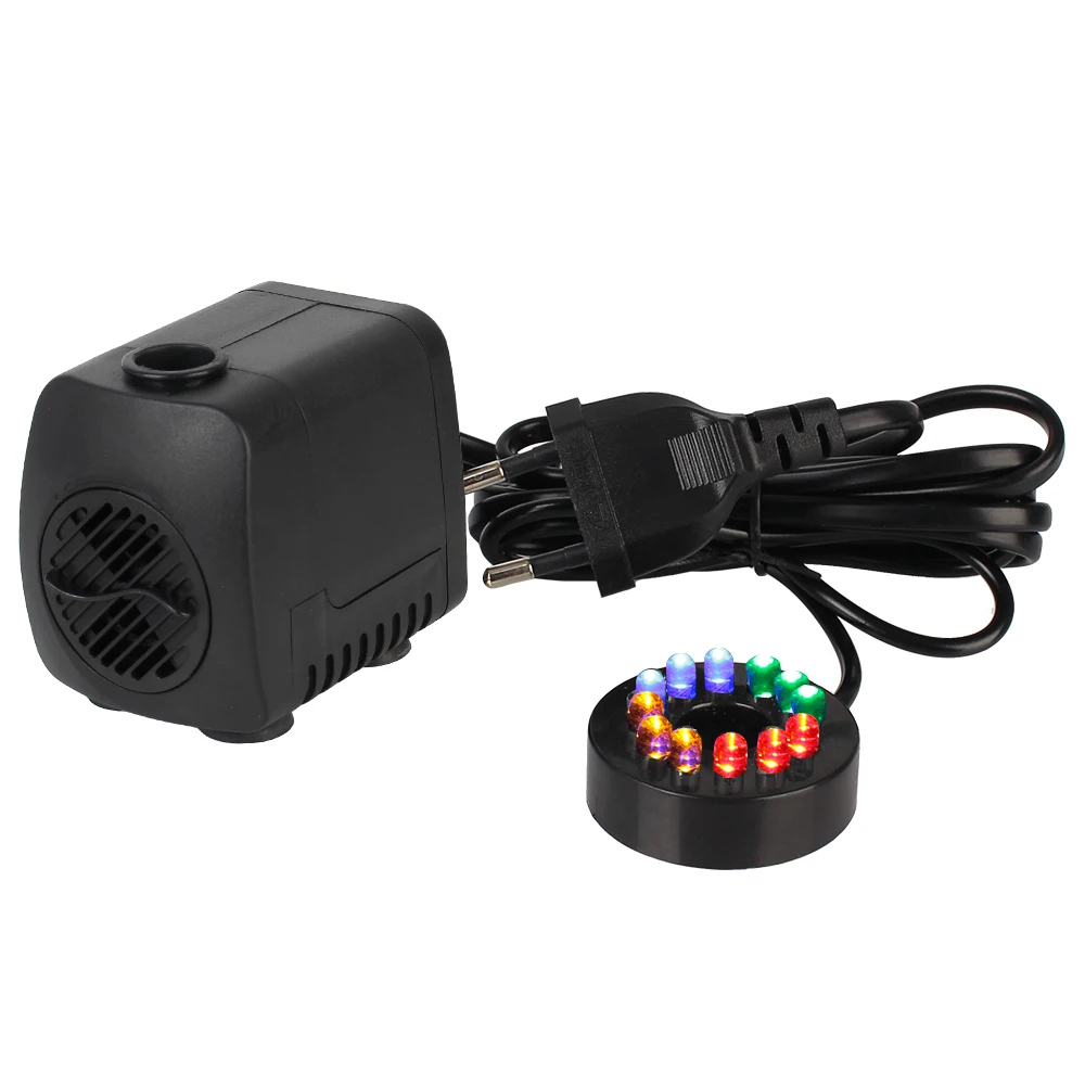 Pompe à eau ultra-silencieuse avec 12 lumières LED, 15 W, fontaine d'aquarium de jardin, étanche, prise UE