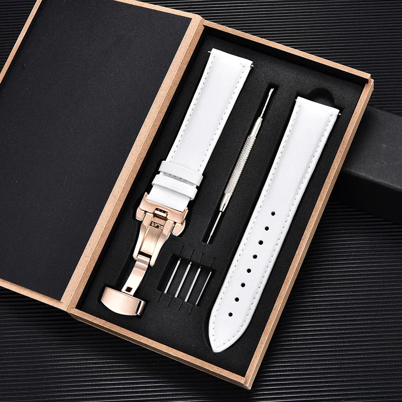 Soft Wrist Belt Bracelet Comfortable Genuine Leather Watch Strap 16/18/20/22/24mm Box Watch Band with Automatic Butterfly Clasp