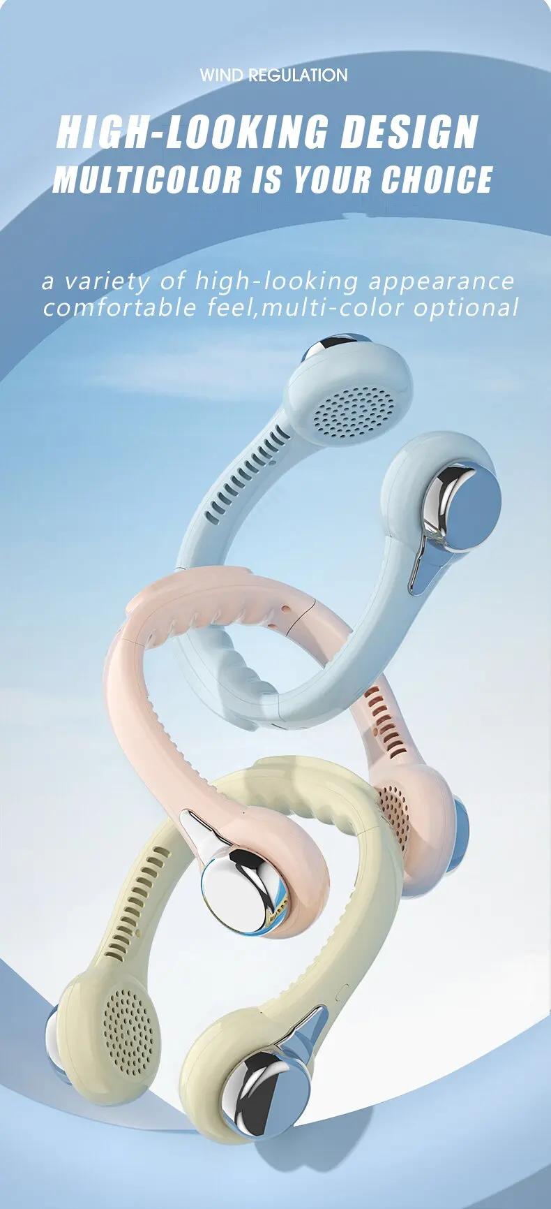 Portable Neck Fan Hanging Corded Rechargeable Cooling 1200mAh Battery Three Speed Levels Hands-Free USB Charging Travel Personal