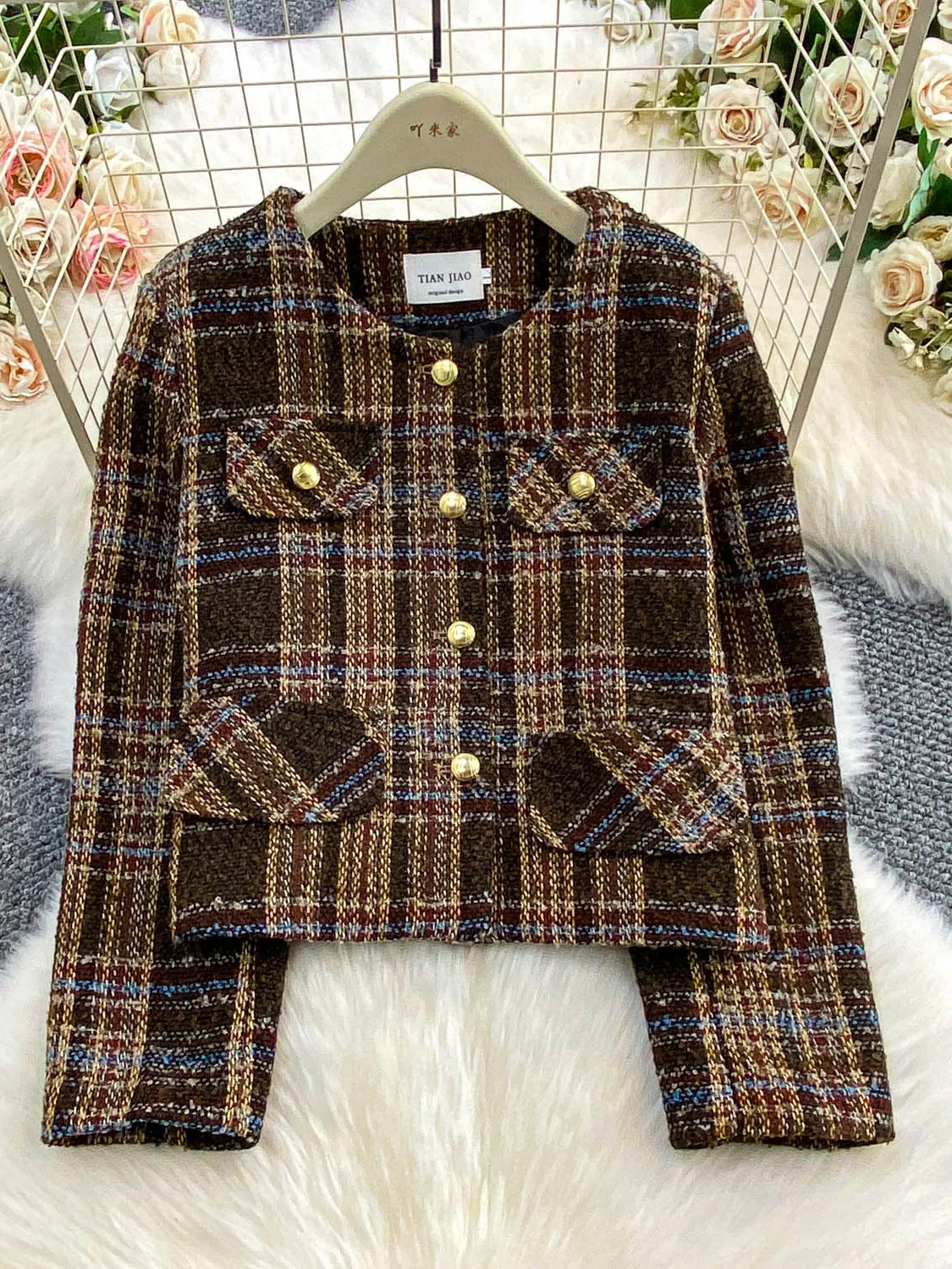 

Plaid Woolen Coat Women's Loose Fit round Ne Slimming Top Metal Button Casual Ele Sle Winter Outerwear