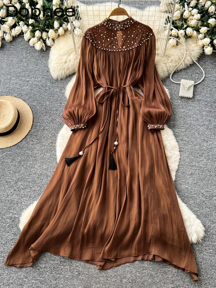 

2026 Spring New Elegant Heavy Beaded A-line Women's Dress with Lantern Sleeves Waist Tie and Red Long Dress