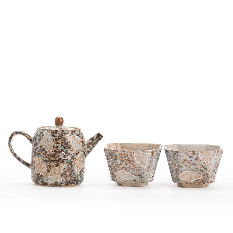 Cross-border blue and white flint red handmade ginkgo teapot teacup master cup ceramic tea set exquisite home tea