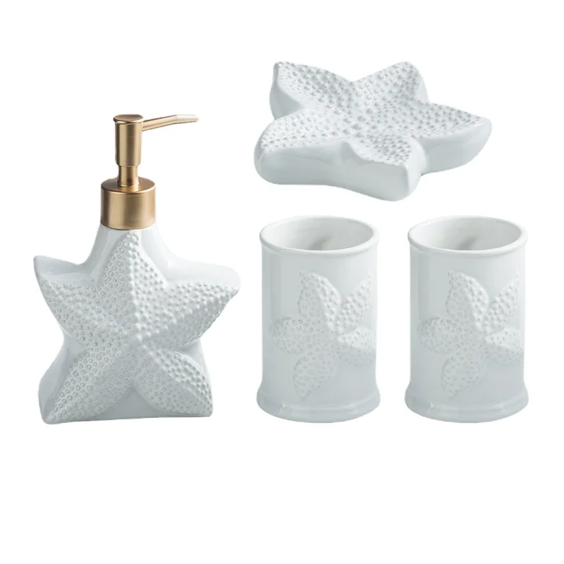 Porcelain Bathroom Set Ceramic Starfish Shell Soap Dispenser Gargle Cup Bathroom Accessories Shower Gel Divided Bottle Soap Dish