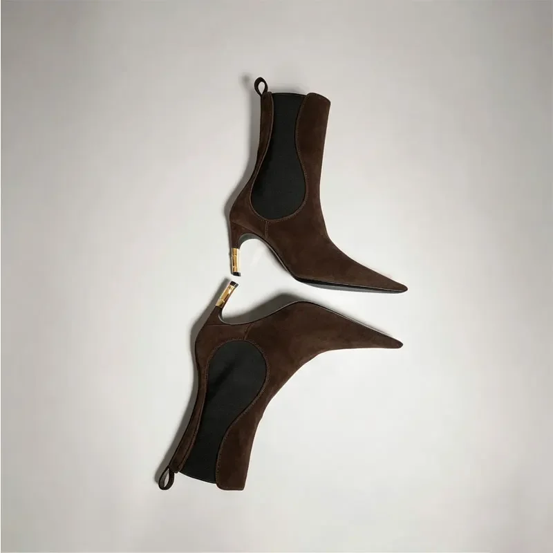 2026 New Low Heel Knee High Boots with Pointed Kitten Heels and Elastic Fabric Autumn and Winter Fashionable Mid Length Boots