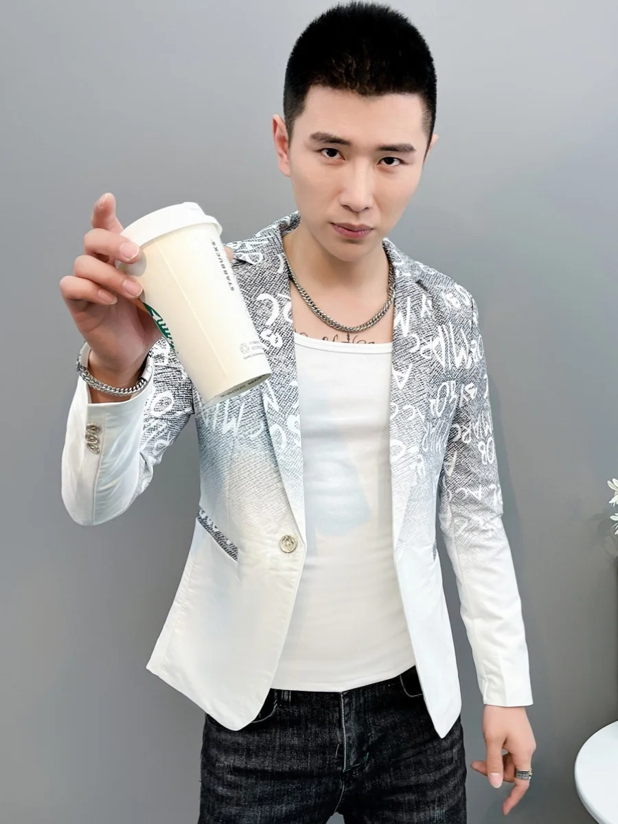 

Весенне-осенний градиентный повседневный мужской пиджак с одной пуговицей, принтом и модным молодежным дизайном в западном стиле, повседневный модный жакет