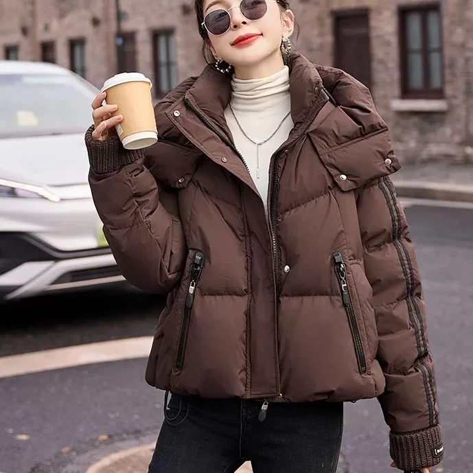 Faionable casual ganso para baixo jaet feminino ort inverno novo solto tamanho pequeno com capuz quente thi pão casaco outerwear