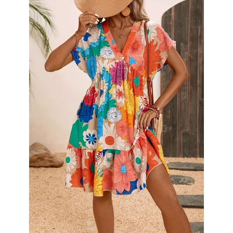 Abito da donna con stampa floreale con scollo a V alla moda taglie forti 1XL-5XL Abito casual elegante e confortevole da donna