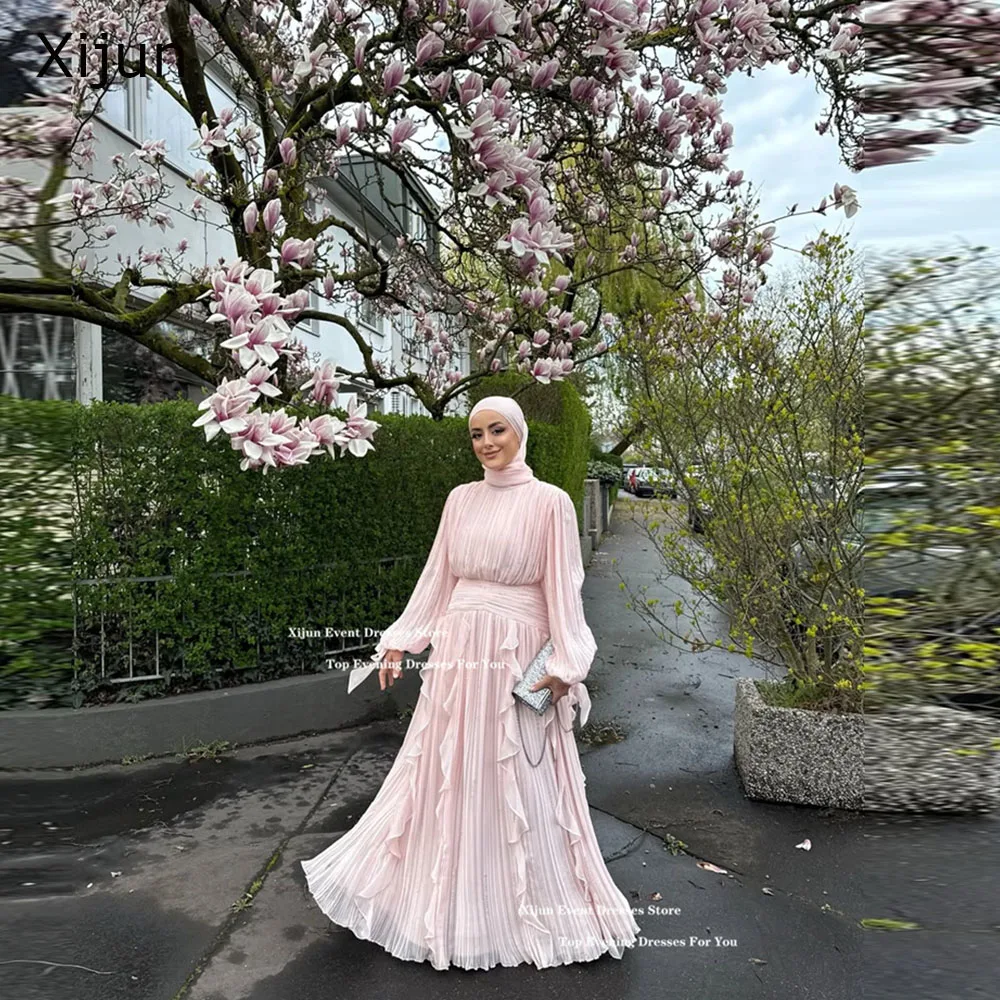 Xijun Elegant Pink Long Evening Dresses Ruffles A-Line Pleated Formal Prom Dresses Floor Length Dubai Muslin Prom Gown Customize