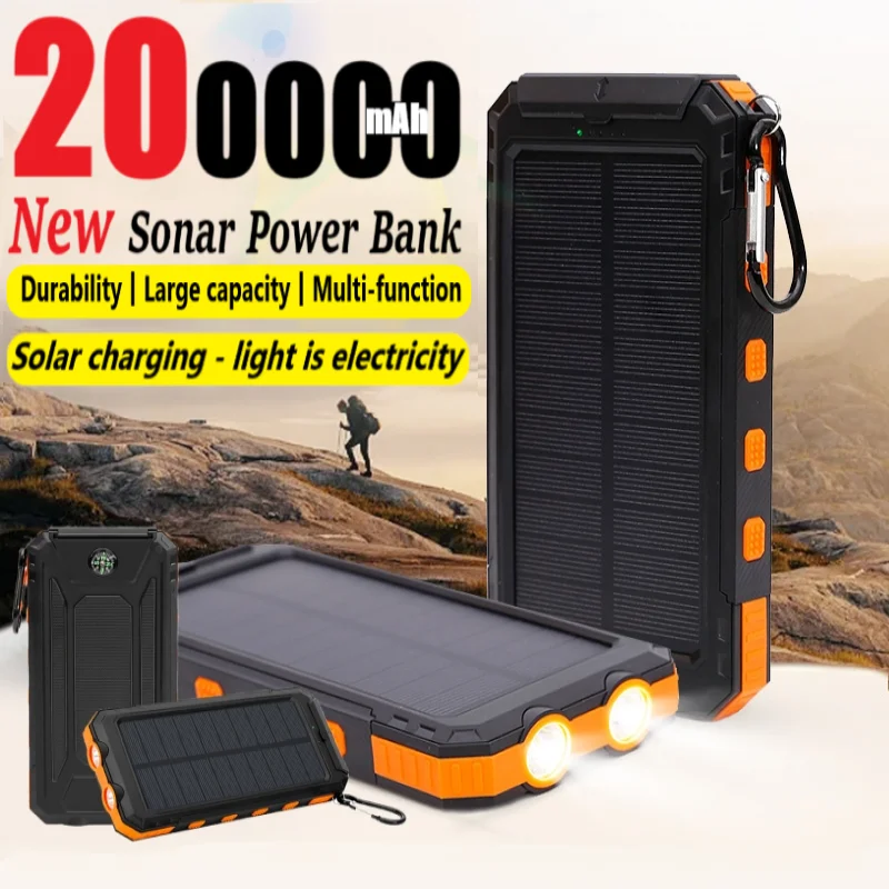 200000mAh Large Capacity Solar Power Bank Portable Battery With Compass Dual USB Fast Charger for Outdoor Fishing Camping New