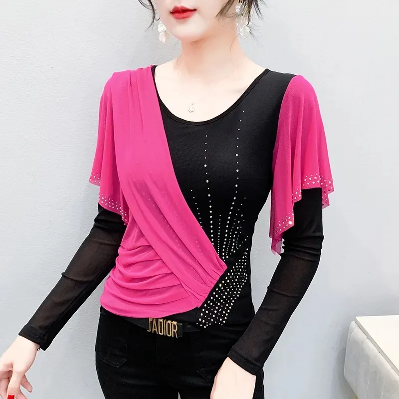 

Autumn Mesh Fashion Contrasting Color Splicing Heavy Industry Ruffled Rhinestone Long-sleeved T-shirt Women's Slim Top
