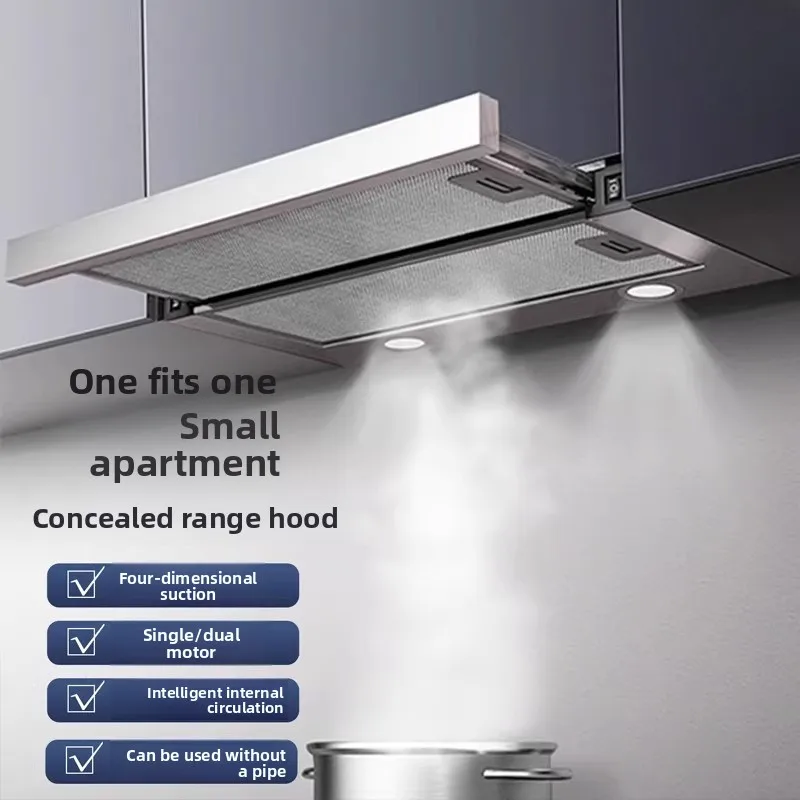 

Двухмоторная вытяжка с внутренней циркуляцией воздуха, выдвижного типа, встраиваемая, для мини-домов/малогабаритных квартир, скрытого монтажа.