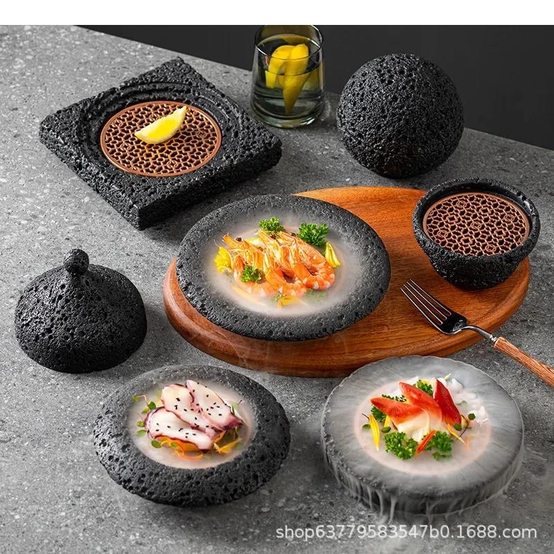 Meteorite Pattern Cement Dinner Plate Restaurant Dry Ice Sashimi Sushi Dish Molecular Cuisine Specialty Tableware