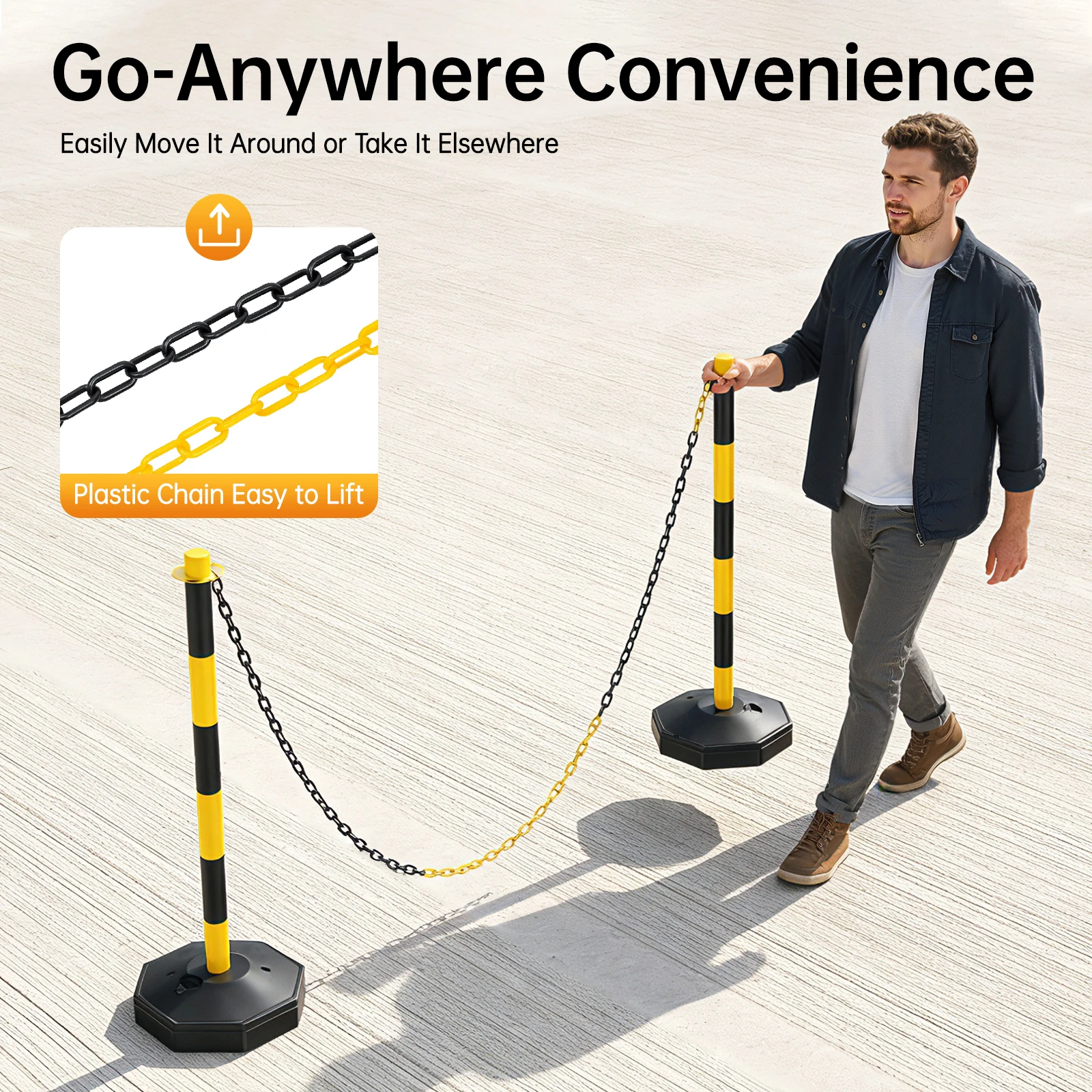 Set of 6 Yellow & Black Freestanding Safety Bollards with Weighted Bases – Durable PE Plastic, Includes 5 Chains & S-Hooks, Adjustable Height, Easy Assembly, Impact-Resistant, Ideal for Traffic Control, Crowd Management, Indoor & Outdoor Use