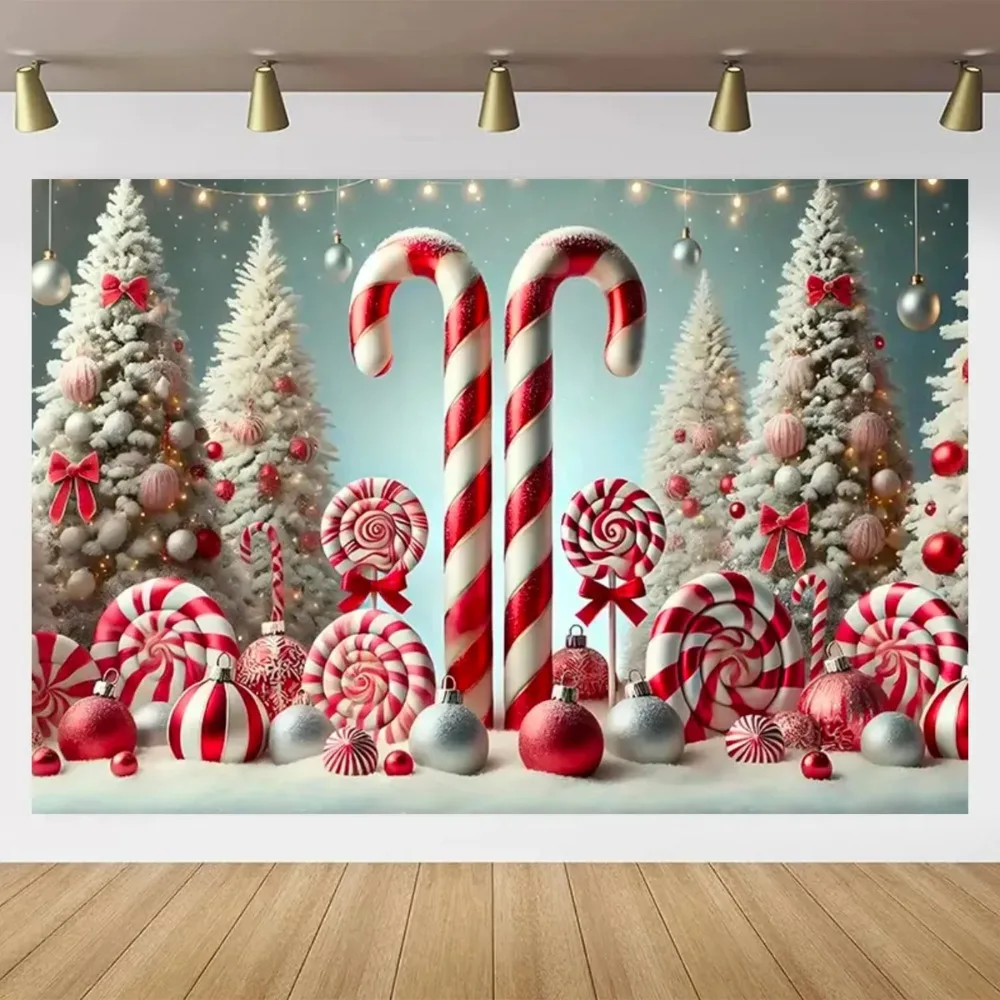 Christmas Candy Theme Background Red Candy Strips Snow Winter New Year Festival Party Decoration Backdrop Banner for Photo Props