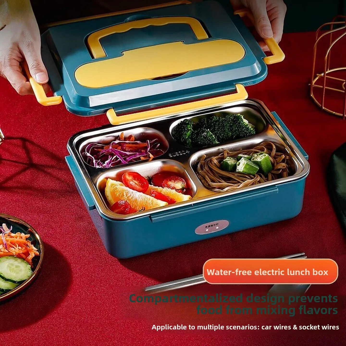 1L 12V 24V Heated Lunch Box 4 Compartment Electric Food Warmer Waterless for Car Truck Home Office with Utensils Set 전기 도시락