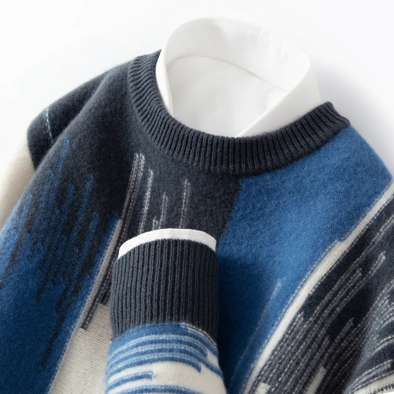 Autumn And Winter New 100% Pure Wool Men's Round Neck Contrast Thick Warm Sweater Loose Cashmere Knit Bottoming Shirt