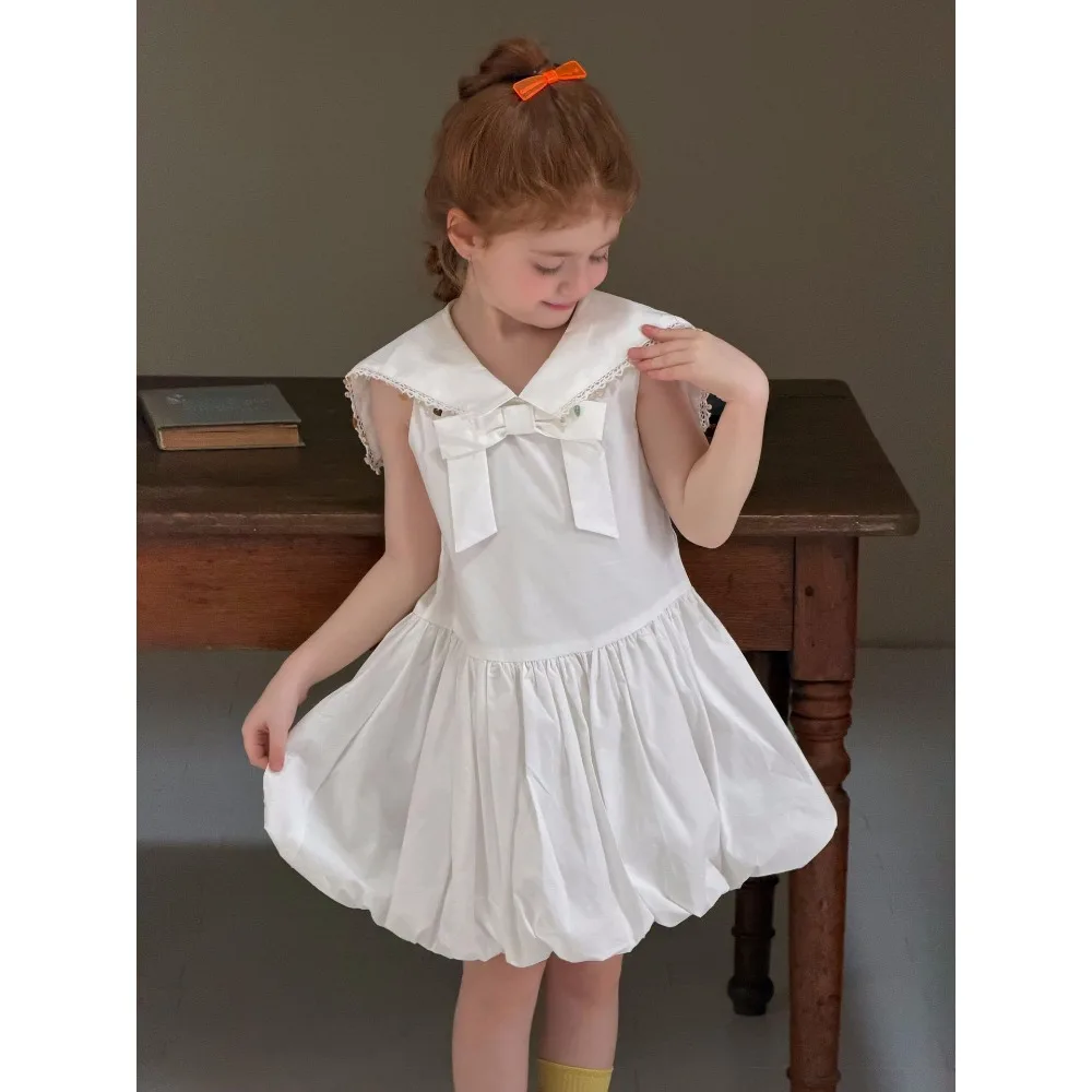 2026 Summer1-12Y Girls White Preppy Lapel Sleeveless Dress, Korean Style Kids Clothing for 90-150cm