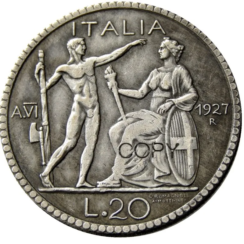 Italy 20 Lire 1927 or 1928 R 2pcs Silver Plated Copy Coins