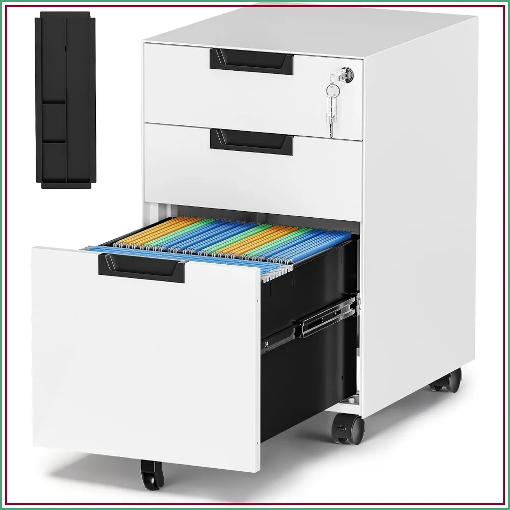 Mobile File Cabinet 3 Drawer Locking Metal Storage Cabinet on Wheels for Legal Letter A4 White