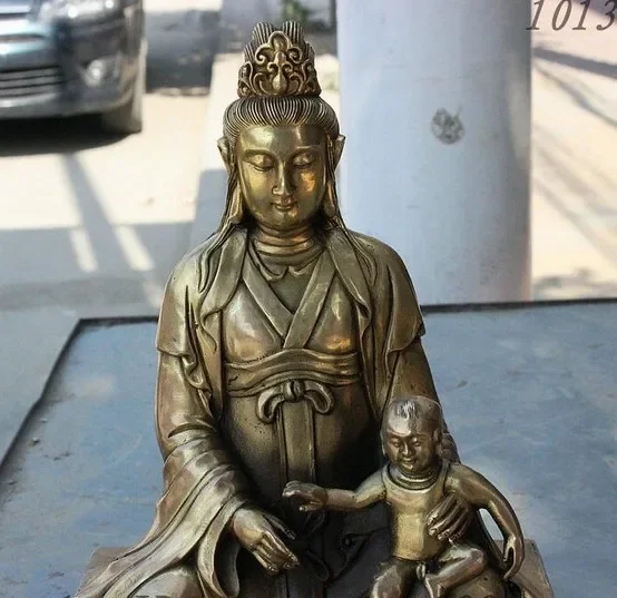 Chinese Buddhism Copper Brass Kwan-Yin Kid GuanYin Bodhisattva Goddess Statue