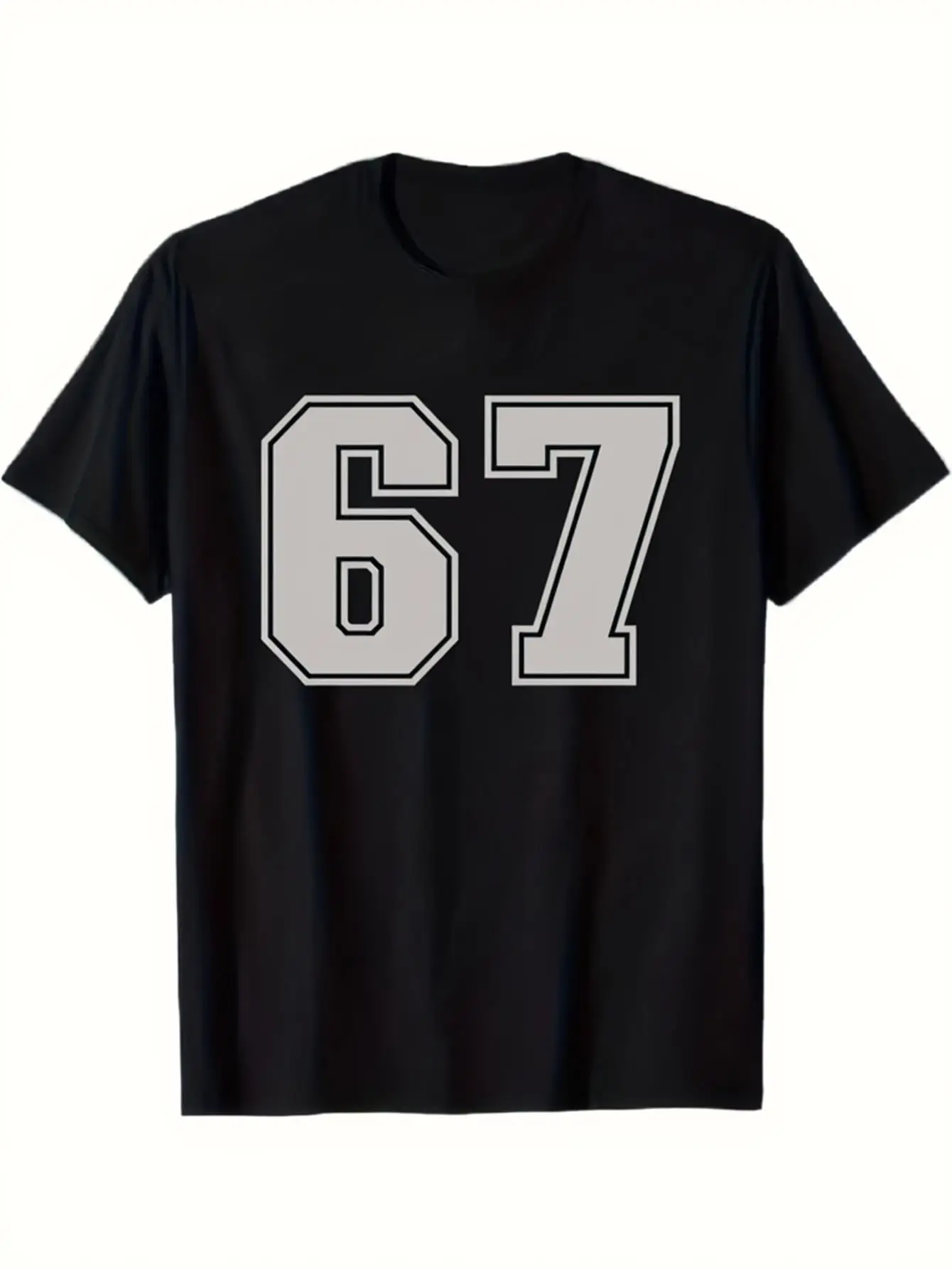 

Men's and Women's Black Heavyweight 180g Cotton T-Shirt with White Number 67 Print - Loose Casual Crew Neck Short-Sleeve T-Shirt, Breathable for All Seasons, Suitable for Sports and Everyday Wear, Machine Washable