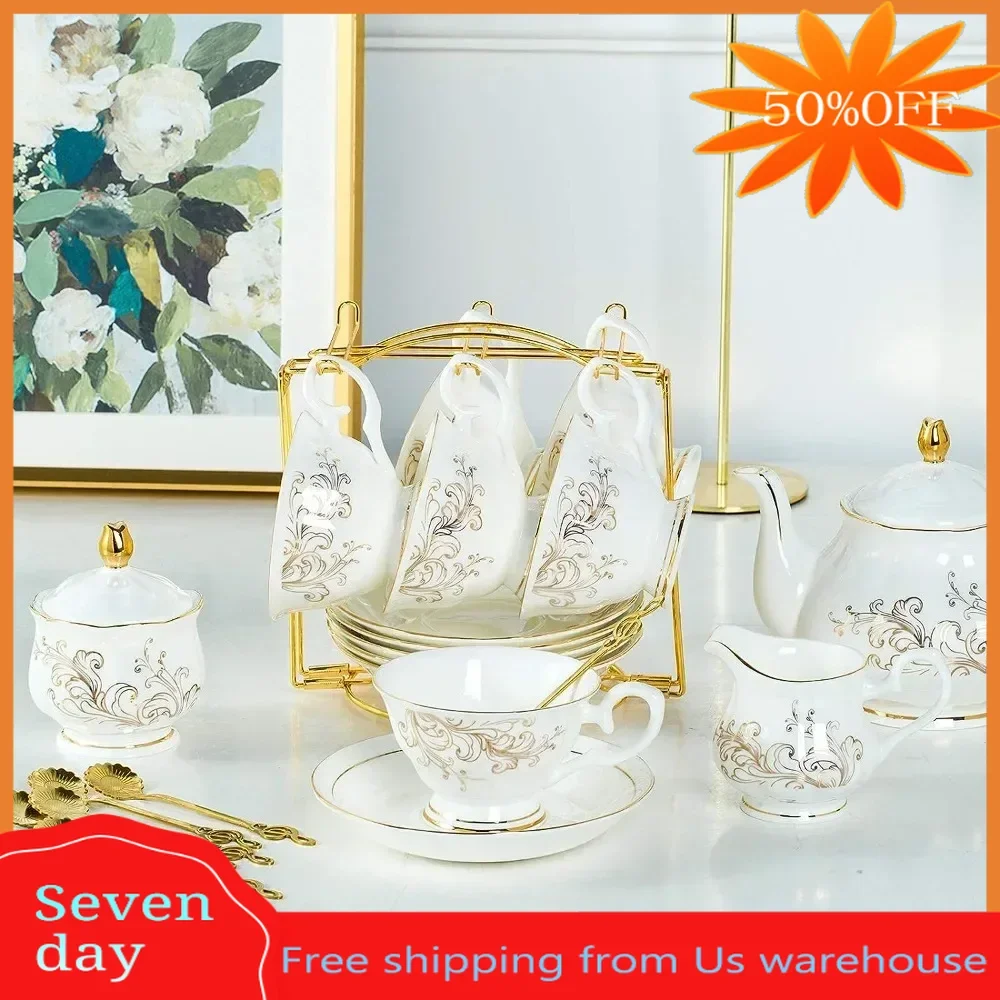 

Tea Tools Set Creamer Jar Coffeeware Teaware Sugar Bowl Saucer Teapot Cup Phnom Penh Coffee Set With Gold Metal Stand Spoon Bar