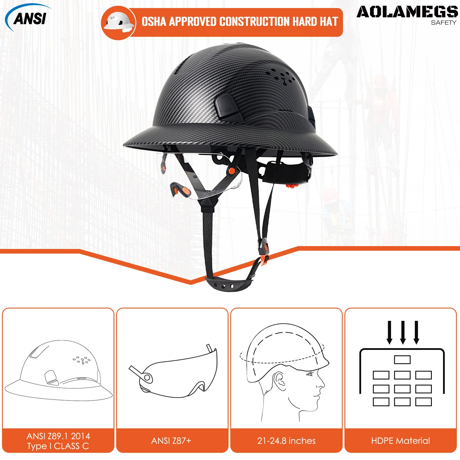 Matte Carbon Fiber Full Brim Safety Helmet With Built-in Goggles ANSI Industrial Engineer Hard Hat Construction Site Work Cap CE