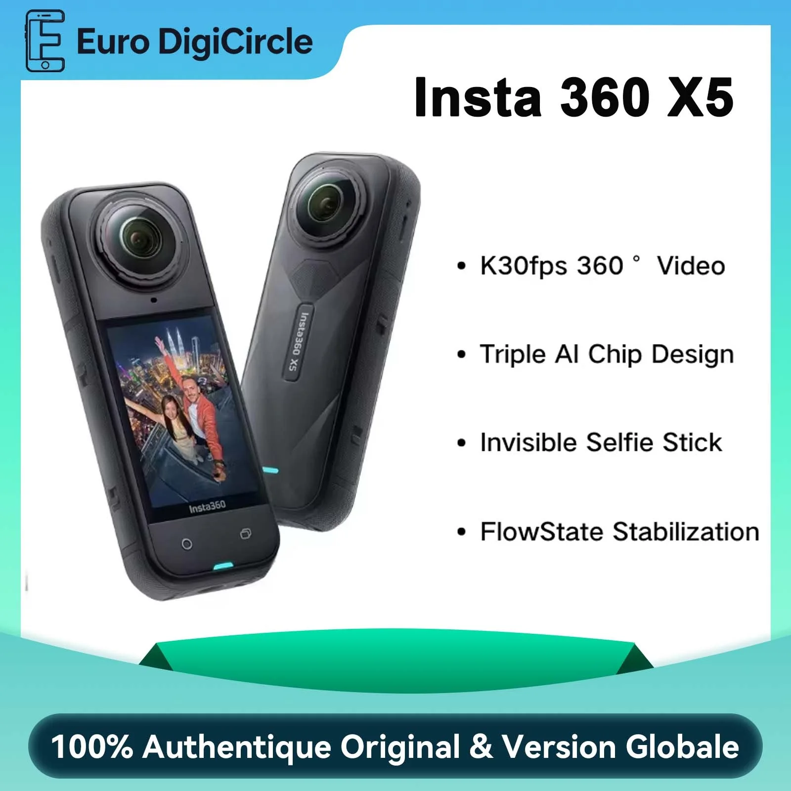 Cámara de acción Insta360 X5 8K 360°, impermeable, efecto de palo selfie invisible, batería de 3 horas, estabilización y diseño de triple chip de IA.