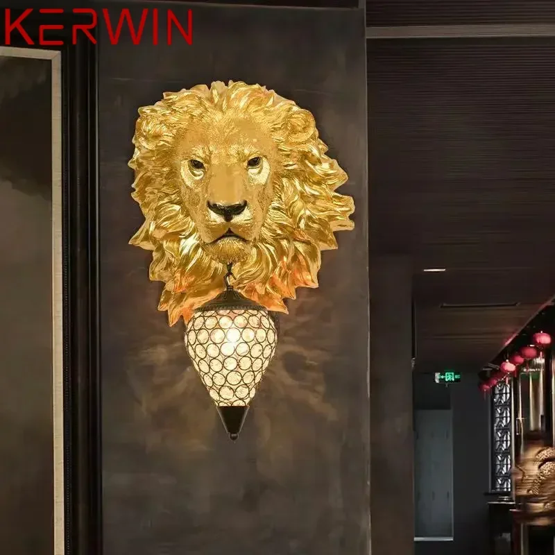 KERWIN Modern Gold Lion Wall Lamp LED Vintage Creative Resin Sconce Light for Home Living Room Background Corridor Decor