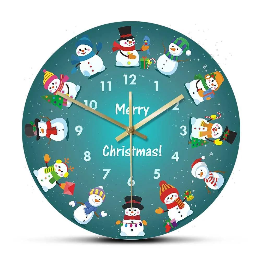Silent Merry Christmas Wall Clock with Cute Cartoon Snowman Design Modern Decor for Kids Bedroom Living Room Xmas New Year Gift