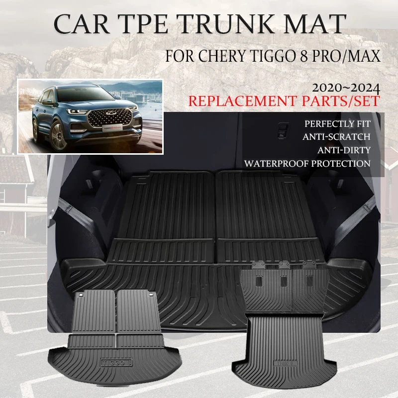 Car Rear Trunk Mats For Chery Tiggo 8 Pro Max 2020 2021 2022 2023 2024 Waterproof Boot Carpets TPE Storage Pads Auto Accessories