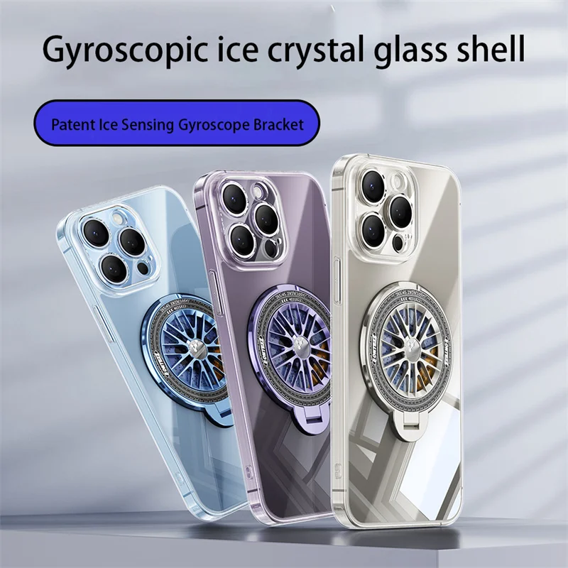 Ice Sensitive Gyroscope Magnetic Bracket Phone Case For iPhone 15 14 Plus 13 12 11 Pro Max XS Clear Glass Shockproof Back Cover