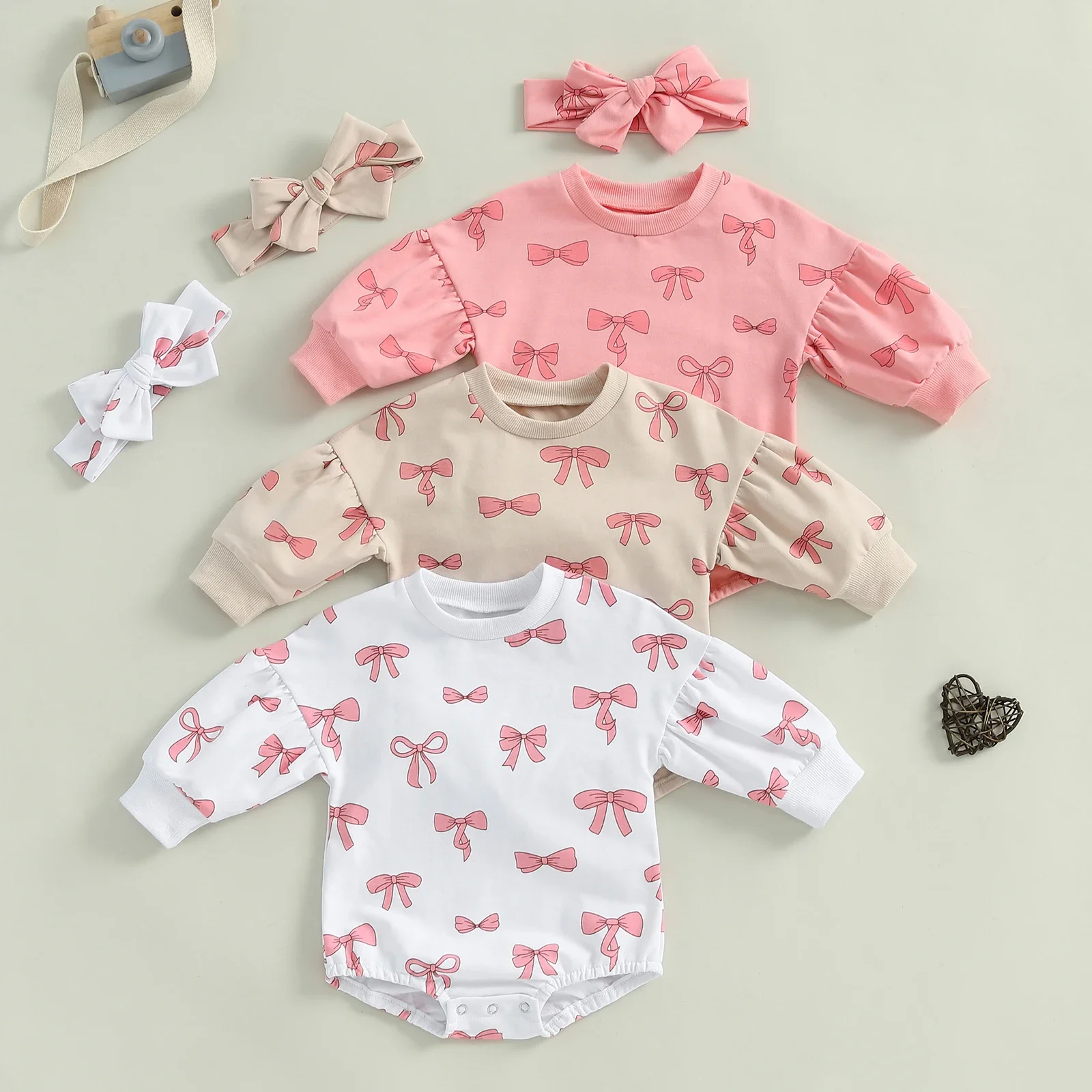 SUNSIOM 0-18 Months Baby Girl Fall Outfit Bow Print Crew Neck Long Sleeve Sweatshirt Romper Tie-up Headband 2 Pcs Set