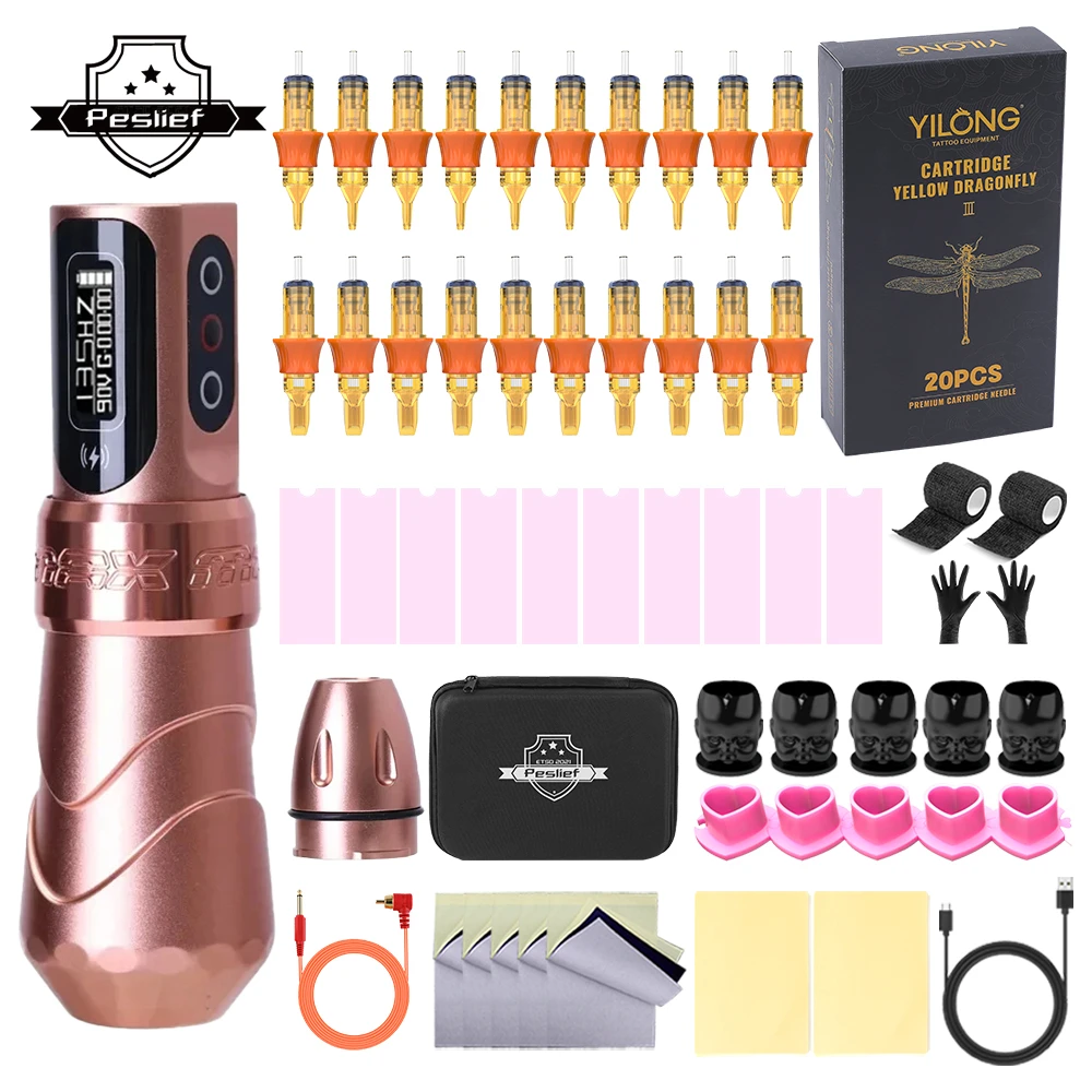 

Wireless Tattoo Machine Kit RCA Jack Rotary Battery Pen With 2400mAh Portable Power 20pcs Cartridge Needles Tattoo Supplies Set