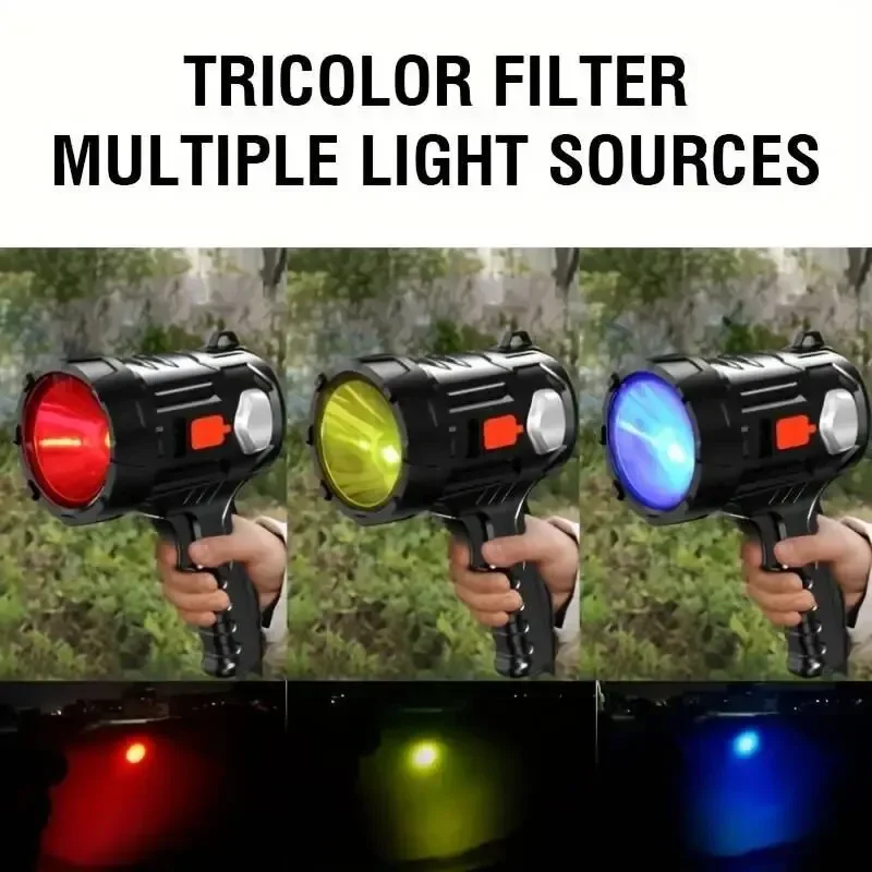 High Power LED Spotlight Flashlight Solar Powered/Rechargeable Outdoor Camping Floodlight USB Flashlight With 3-Color Filter