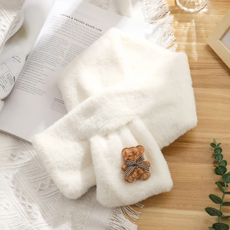 Korean Cute Bear Faux Rabbit Fur Pearl Thicken Collar Cross Plush Scarf Women's Winter Outdoor Neck Protection Warm Shawl V86