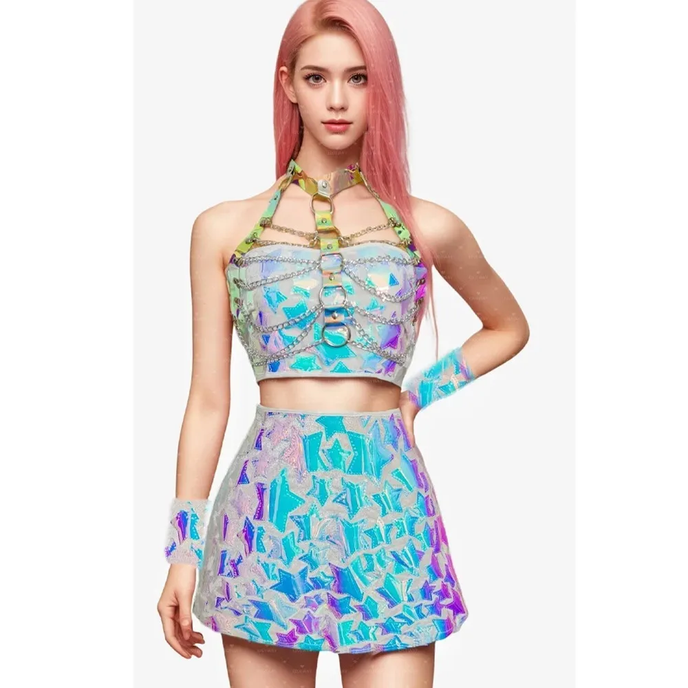  Colorful Sequins Fashion Sexy Women Crop Tops Mini Skirt Halloween Festival Party Jazz Dance Singer Stage Performance Costume