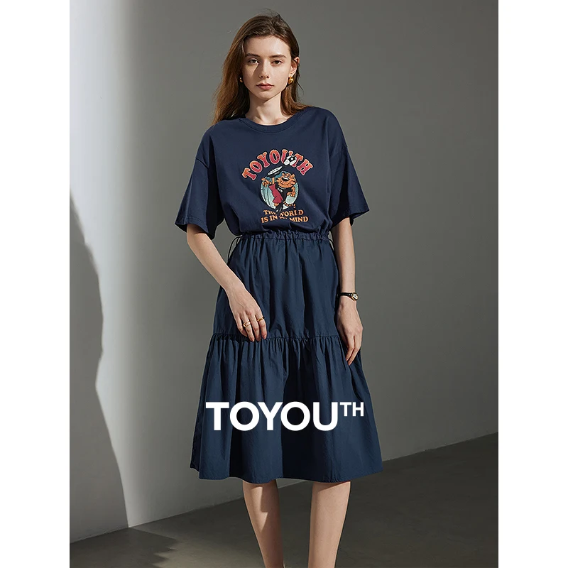 TOYOUTH Women Dresss 2024 Summer New Mid Length Patchwork T-shirt Skirt